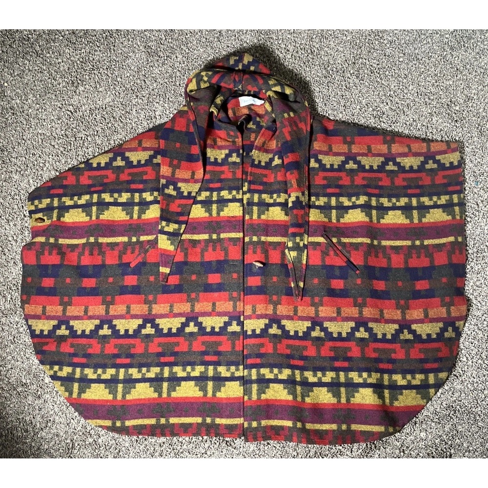 Vintage 80s Dani Colby Colorful Hooded Batwing Cape Poncho Aztec Southwestern